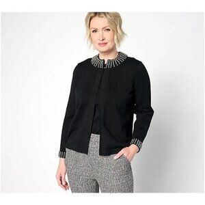 Isaac Mizrahi Live Knit Jacket with Faux Pearl Details Pitch Black Small Womens